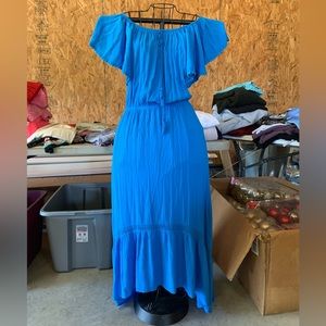 Medium blue off shoulder high low beach dress